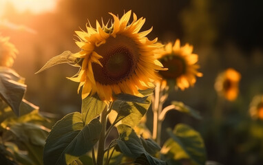 Obraz premium Sunlit Sunflower Field in Golden Hour