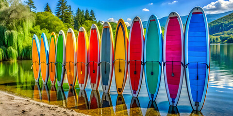 Vibrant paddleboards lined up along the water's edge , paddleboards, colorful, vibrant, waterfront, recreation, fitness