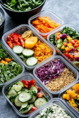 A Healthy Meal Prep Setup With Ingredients For Salads, Grain Bowls, And Wraps. The Ingredients Are Neatly Organized In Separate Containers