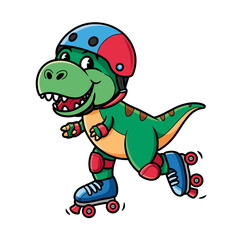 Cartoon T-rex Playing Roller Blade with Helmet Illustration