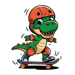 Cartoon T-rex Skateboarding with Helmet Illustration