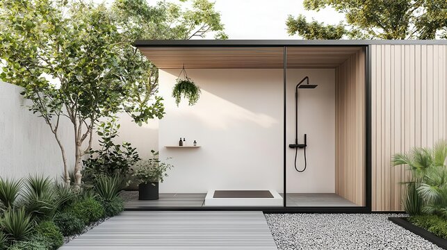 Single container home with a small outdoor shower and minimalist landscaping, outdoor shower, natural luxury
