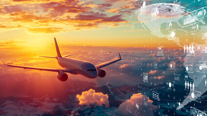 A commercial airplane soaring over clouds with futuristic augmented reality displays in the sky