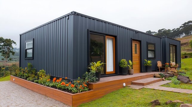 Minimalist container house with a small, integrated garden on the rooftop, rooftop garden, urban oasis
