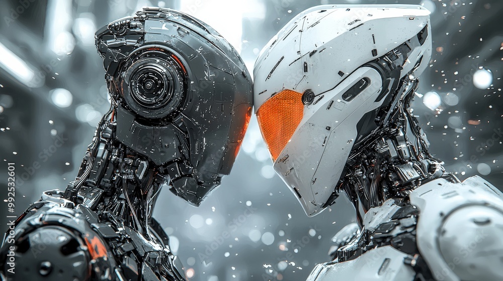 Poster surrealistic robots in serene encounter
