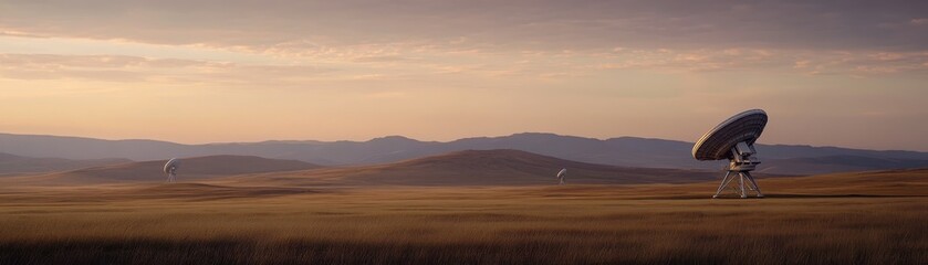 Obraz premium Panoramic View of Radio Telescopes in a Vast Field at Sunset with Mountains in the Background