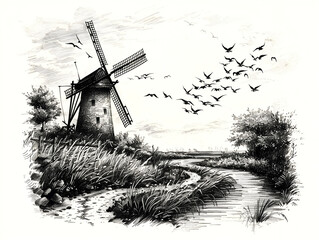 sketch of windmill in the city