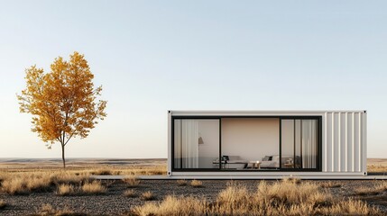 Obraz premium Single container house with minimal landscaping, painted in soft earth tones, earth tones, harmony with nature