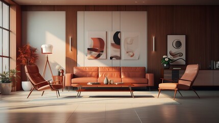 A photo of an empty living room with stylish furniture