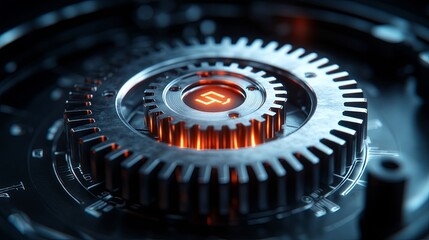 A Close-Up of Interlocking Gears in a Complex Machine With a Glowing Symbol at the Center