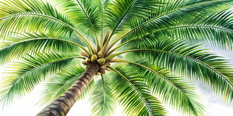Detailed watercolor painting of a palm tree from below with long, lush green fronds against a light background, palm tree