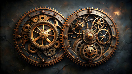 Two intricate steampunk clocks with exposed gears on a dark background , steampunk, clocks, gears, industrial