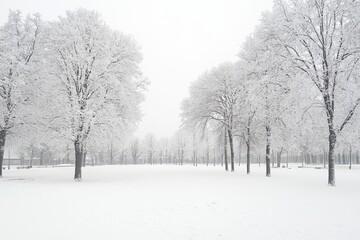 Obraz premium Snow-Covered Park with Trees Against White Sky, Hyper-Realistic Wide Shot