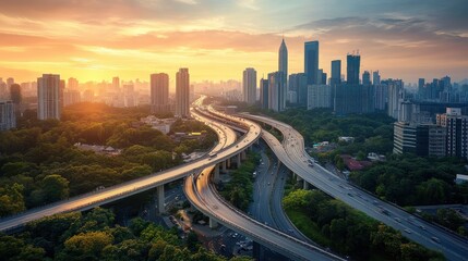 Fototapeta premium Aerial View of Modern Cityscape with Highways and Skyscrapers at Sunset