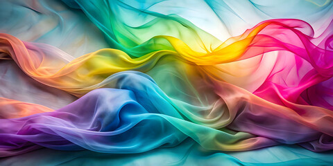 Fototapeta premium Abstract neon-like smoke in a gradient of colors on silk fabric background caught in a gentle breeze, neon, smoke