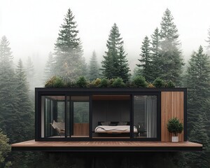 Minimalist container house with a rooftop garden and sliding glass walls, blending into a forest backdrop, rooftop garden, natural minimalism
