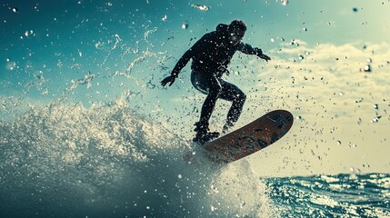 Fototapeta premium Wakeboarder Mid-Air Above Splashing Waves