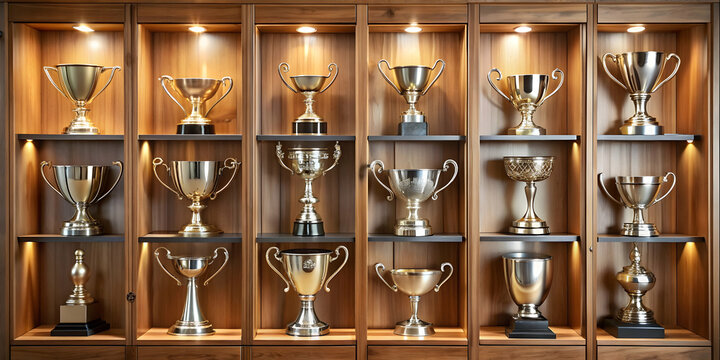 Well-lit wooden trophy cabinet displaying silver trophies and awards for achievements in various fields, trophies