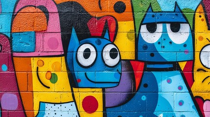 Colorful graffiti wall with playful animal characters, bright colors