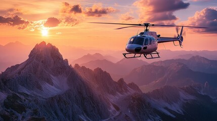 Fototapeta premium Helicopter Flying Over Majestic Mountain Landscape