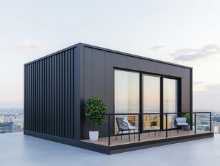 Fototapeta premium Container house with a small balcony and minimalist outdoor furniture, overlooking a cityscape, city view, urban minimalism