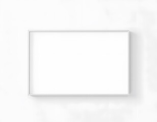 Horizontal blank picture frame with white thin border hanging on white wall