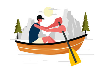 People Enjoying Rowing Vector Illustration with Canoes and Sailing on a River or Lake in Active Water Sports in a Flat Style Cartoon Background
