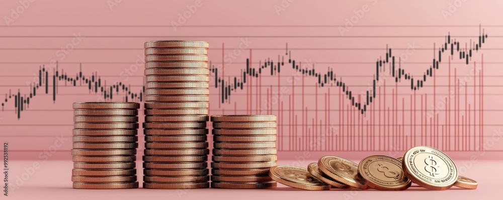 Poster striking 3d rendering of stacked coins and growth chart