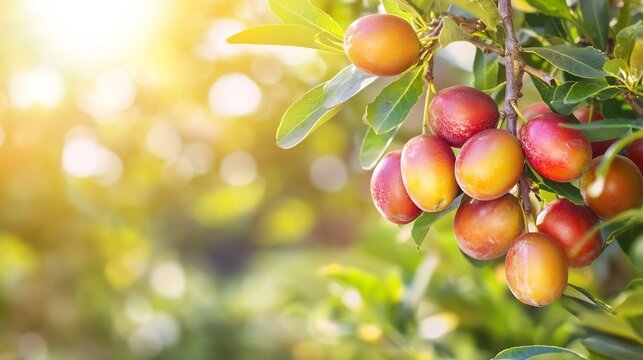 Cluster of jujube fruits hanging from a tree with the bright green foliage and sunlight filtering through creating a vibrant naturefilled scene Scientific name Ziziphus jujuba
