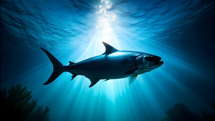 Naklejka premium Silhouette of a large Atlantic Tarpon fish swimming underwater in the deep sea , Tarpon, big fish