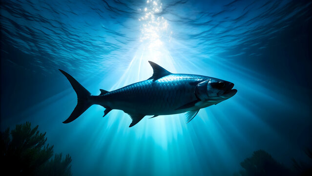 Silhouette of a large Atlantic Tarpon fish swimming underwater in the deep sea , Tarpon, big fish