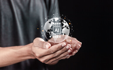 Person holding globe with AI icon on virtual screen for AI technology concept, Big data network connection by use artificial intelligence technology.