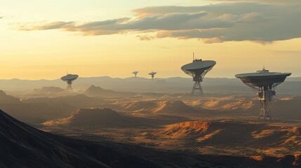 Large Satellite Dishes in a Desert Landscape at Sunset with Mountains in the Background