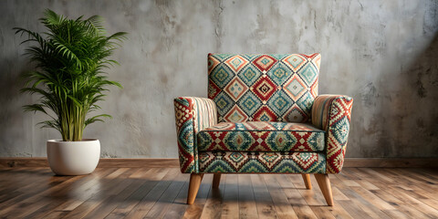 Patterned armchair in a modern Bohemian lounge setting, Bohemian, lounge, trendy, colorful, chic, interior design