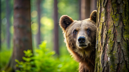 Obraz premium Brown bear peeking out from behind tree in forest setting, brown bear, wildlife, nature, forest, wilderness, predator, animal