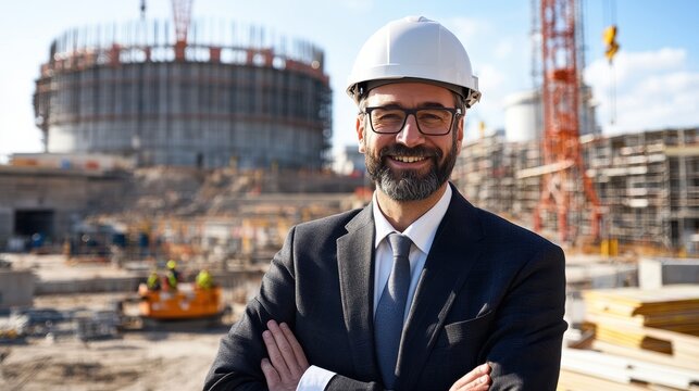 Confident site manager in his 40s smiling at camera, standing in front of a nuclear plant under construction, dressed in safety clothing. Industrial development, construction site, and nuclear energy 