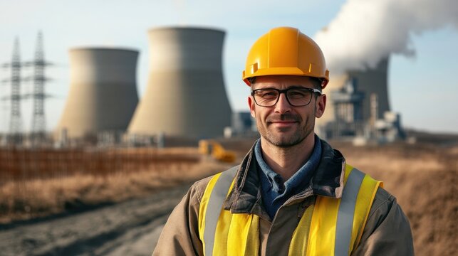 Confident site manager in his 40s smiling at camera, standing in front of a nuclear plant under construction, dressed in safety clothing. Industrial development, construction site, and nuclear energy 