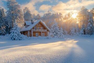 Obraz premium Snowy Wooden House Surrounded by Frosty Pine Trees, Golden Sunlight and Serene Winter Landscape