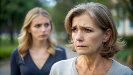 Fototapeta premium Relationship between mother and daughter, different age generations, bad relations in family, conflict concept, abuse . emotional scene .