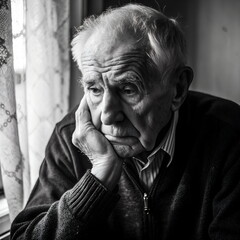 Fototapeta premium Lonely depressive old age. Sad lonely pensive old senior man. Black and white emotional scene.