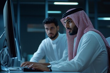 Two men collaborating on a computer in a modern office, focused on their work and utilizing technology for problem-solving.