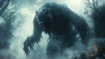 A monstrous wolf-like creature emerges from a misty forest.