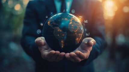 Fototapeta premium Businessman holding a globe, nature setting