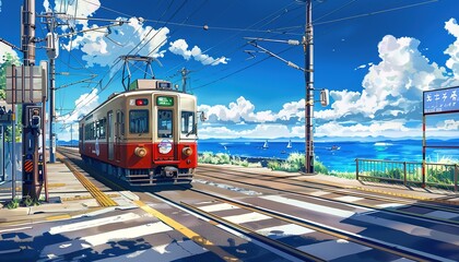 Japan train or tram on railroad crossing with sea, anime style