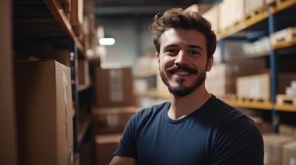 Obraz premium Smiling man stands confidently among shelves in a modern warehouse, highlighting professionalism and teamwork in logistics.