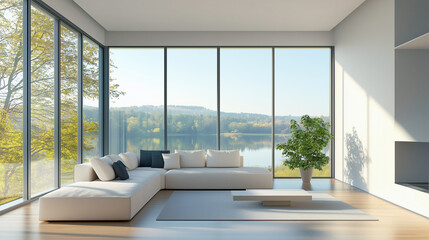Fototapeta premium Elegant Minimalist Living Room - Large Window, White Sofa