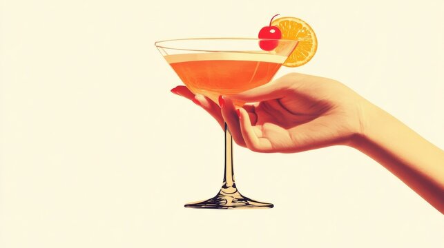 Vintage Retro Female Hand Holding a Cocktail. 1960s-70s Style on Plain Background