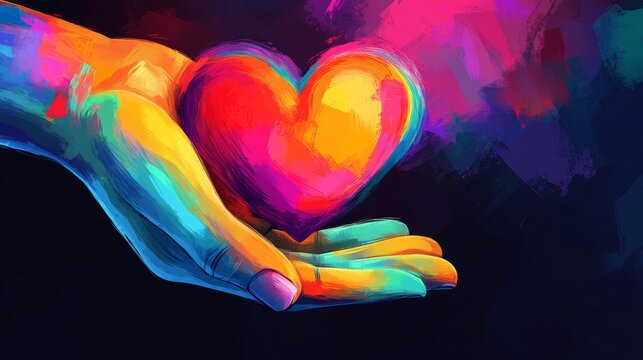 Charity Illustration. Colorful Hand Holding Heart for Support, Relief, and Donations