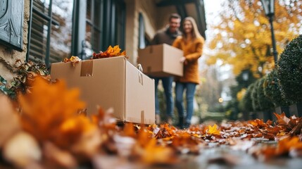 Couple relocating to a new home, moving boxes indoors, autumn leaves scattered on the ground, captured from the waist down. Moving day, autumn relocation, and new beginnings.