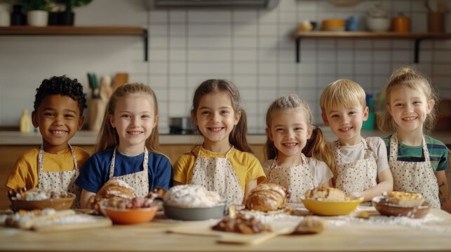 Diverse Group of Kids in Kitchen. Happy Baking and Cooking Education